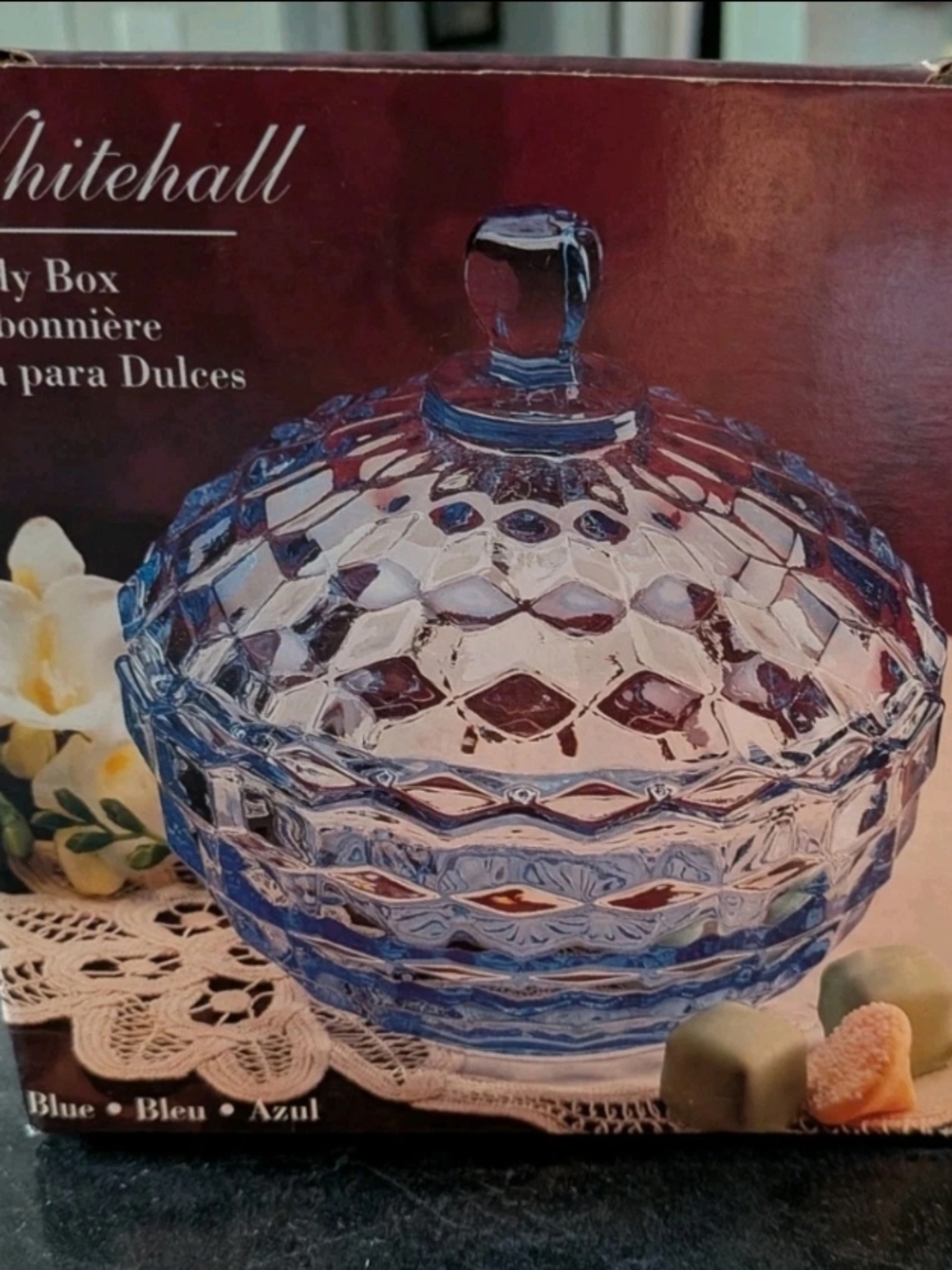 New In Box Vintage Colony Whitehall Light Blue Covered Glass Candy Dish